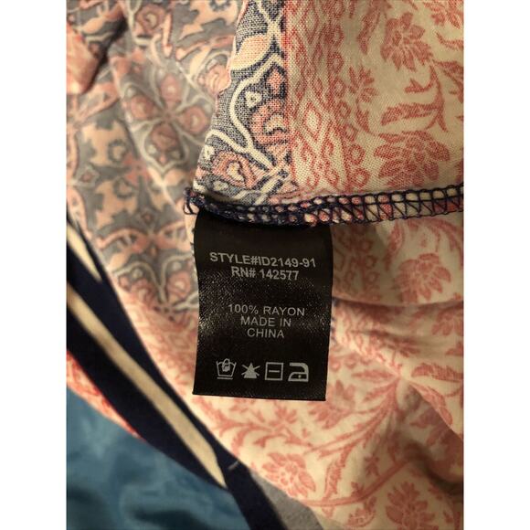 IRIS Pink Navy Print 3/4 Sleeve V-Neck Rayon Shift Mini Dress Tunic Top Large - Picture 9 of 9